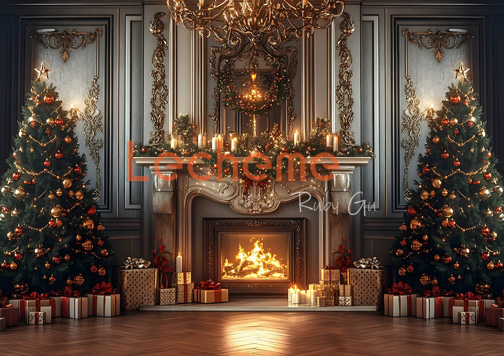 Avezano Christmas Tree Wall and Fireplace Photography Backdrop By Lecheme Ruby Gu