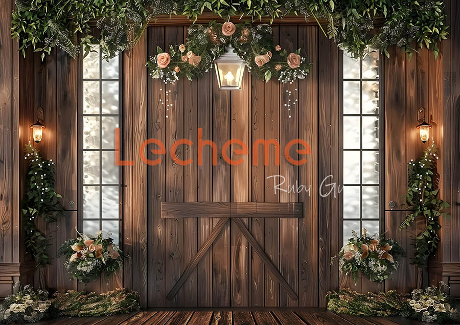 Avezano Wooden Doors and Flowers Photography Backdrop By Lecheme Ruby Gu