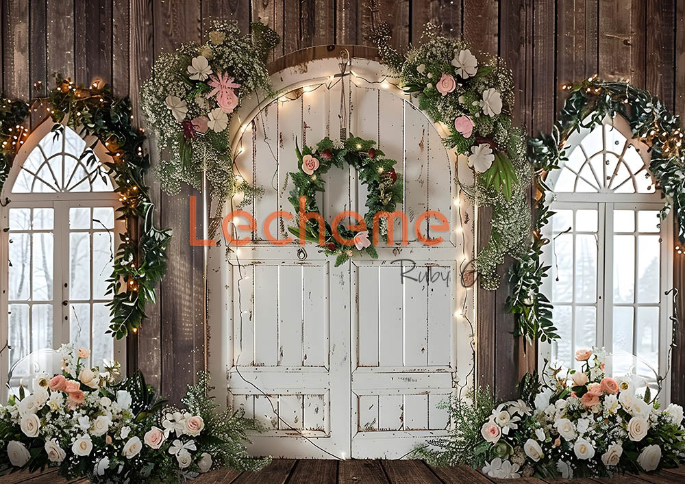 Avezano White Wooden Door and Flowers Photography Backdrop By Lecheme Ruby Gu