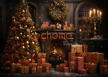 Avezano Christmas Tree and Burning Fireplace Photography Backdrop By Lecheme Ruby Gu