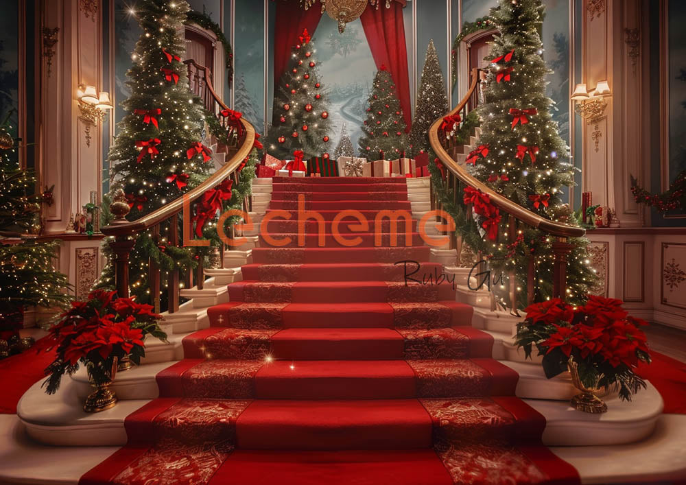 Avezano Red Stairs and Christmas Tree Photography Backdrop By Lecheme Ruby Gu