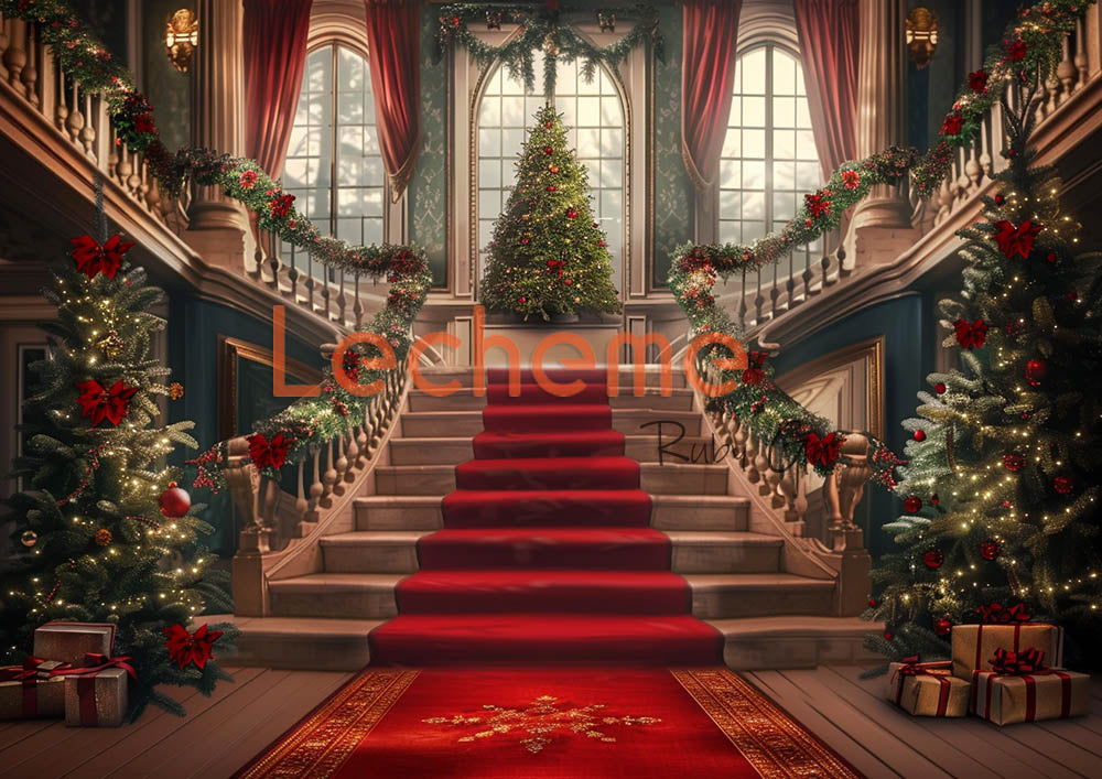 Avezano Red Carpet Stairs Christmas House Photography Backdrop By Lecheme Ruby Gu