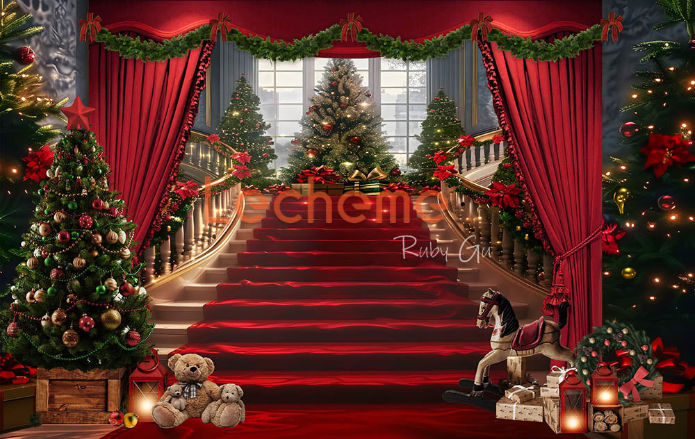 Avezano Christmas Red Curtains and Stairs Photography Backdrop By Lecheme Ruby Gu