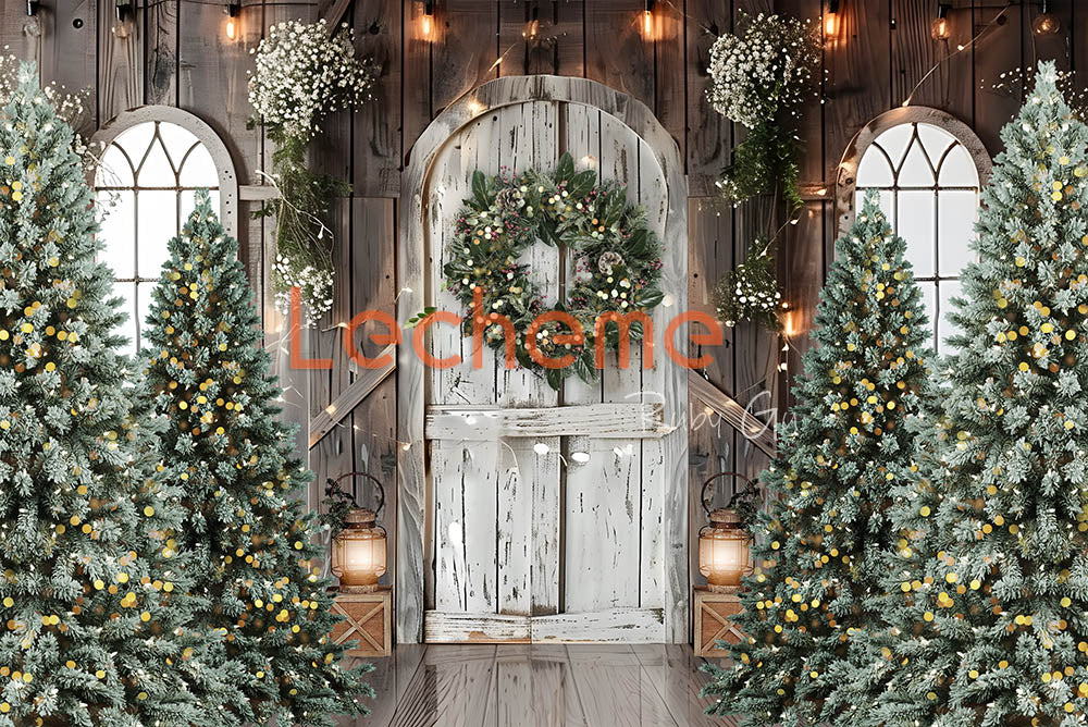 Avezano Christmas Tree and White Wooden Door Photography Backdrop By Lecheme Ruby Gu