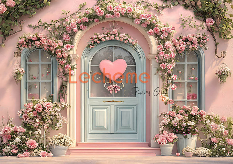 Avezano Valentine's Day Pink Roses and Blue Doors Photography Backdrop By Lecheme Ruby Gu