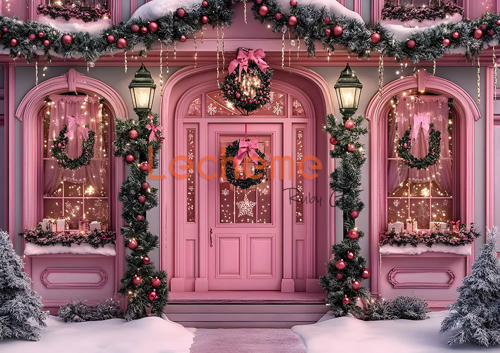 Avezano Pink Christmas Decorations on the Door Photography Backdrop By Lecheme Ruby Gu