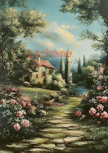 Avezano Roadside Pink Rose and House Oil Painting Photography Backdrop By Lecheme Ruby Gu