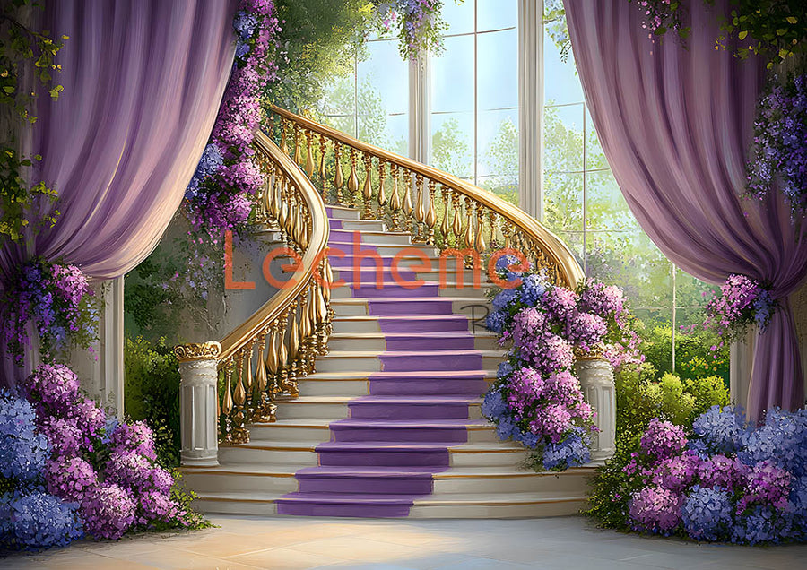 Avezano Purple Curtains and Stairs Photography Backdrop By Lecheme Ruby Gu