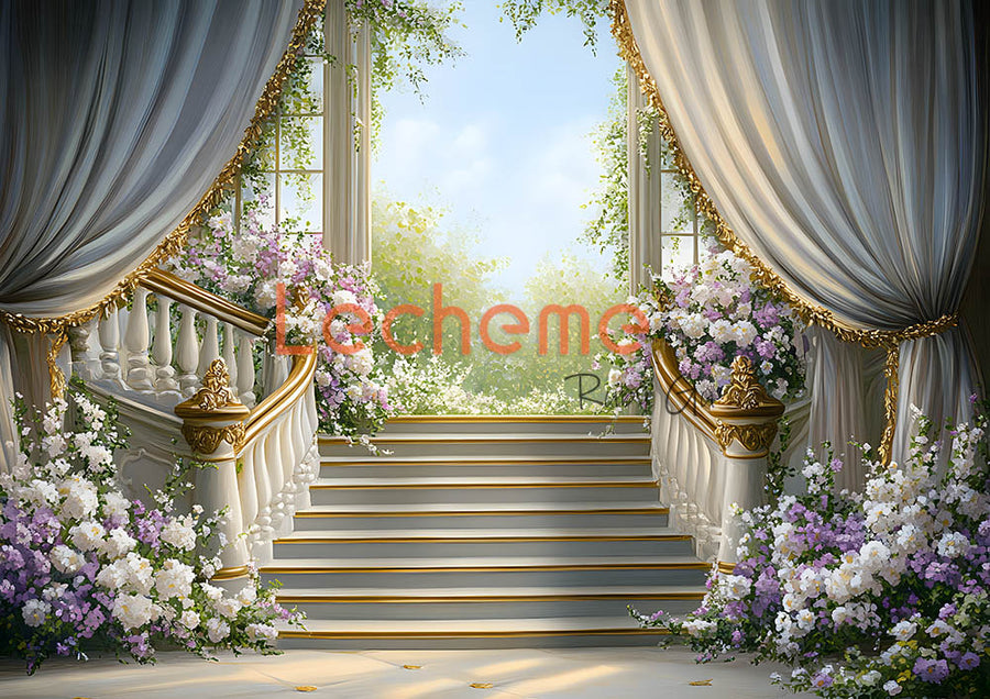 Avezano White Curtains and Stairs Back Garden Photography Backdrop By Lecheme Ruby Gu