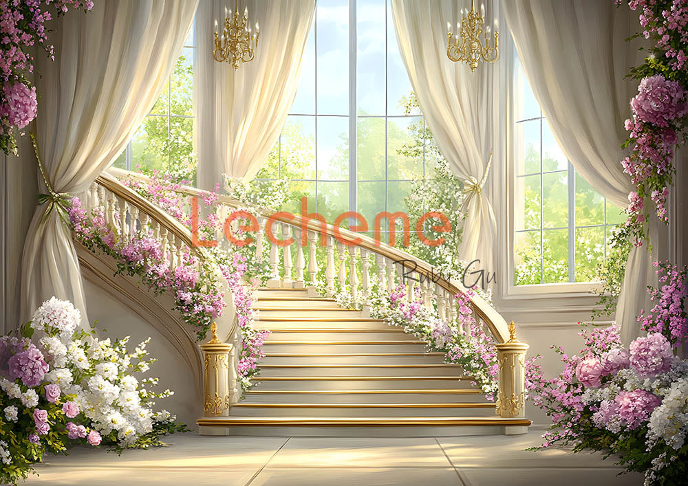 Avezano Beige Curtains and Stairs Photography Backdrop By Lecheme Ruby Gu