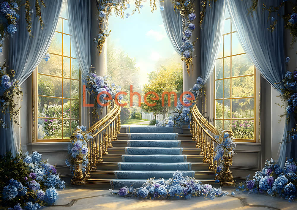 Avezano Blue Flower and Stairs Photography Backdrop By Lecheme Ruby Gu