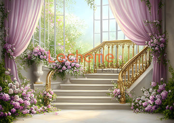 Avezano Staircase Purple Roses and Curtains Photography Backdrop By Lecheme Ruby Gu