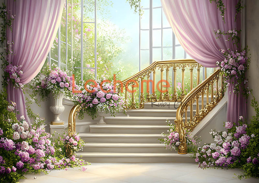 Avezano Staircase Purple Roses and Curtains Photography Backdrop By Lecheme Ruby Gu