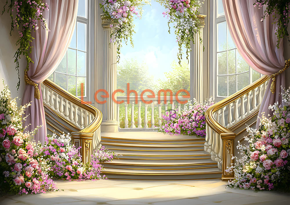 Avezano Staircase and Roses Photography Backdrop By Lecheme Ruby Gu