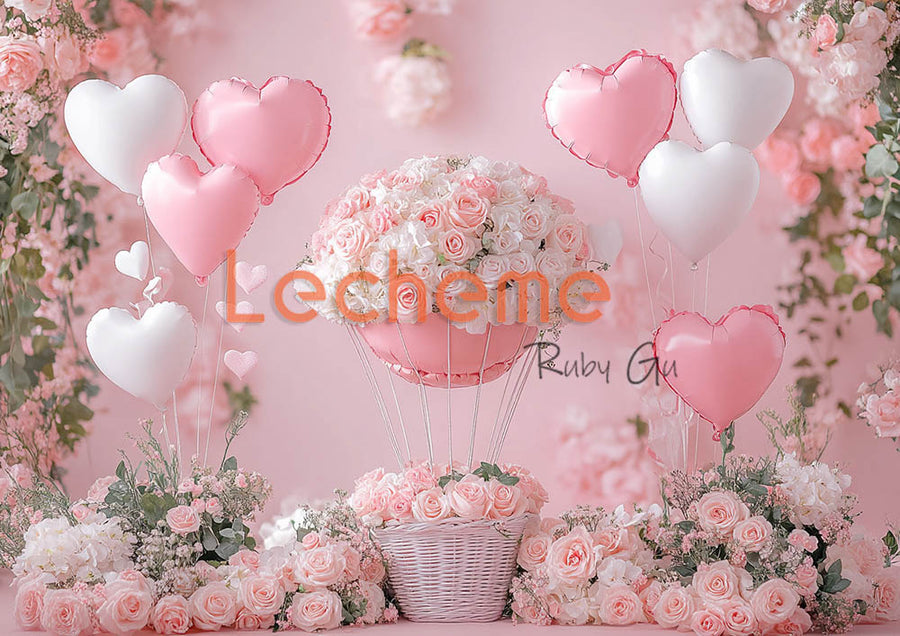 Avezano Pink Flowers and Balloons Valentine's Day Photography Backdrop By Lecheme Ruby Gu