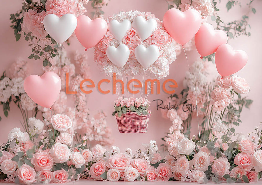 Avezano Balloon and Pink Roas Party Valentine's Day Photography Backdrop By Lecheme Ruby Gu