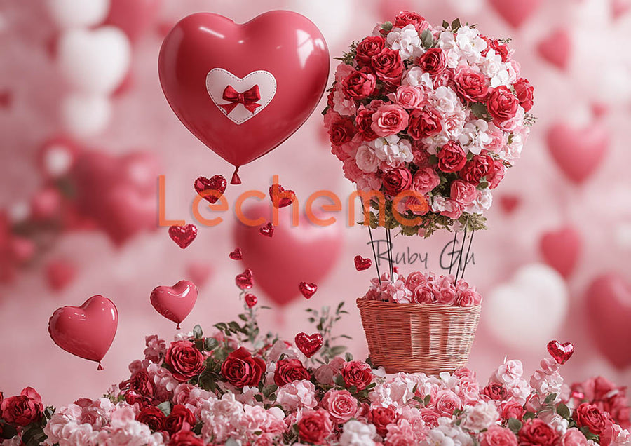 Avezano Red Bow Balloon and Basket Valentine's Day Photography Backdrop By Lecheme Ruby Gu