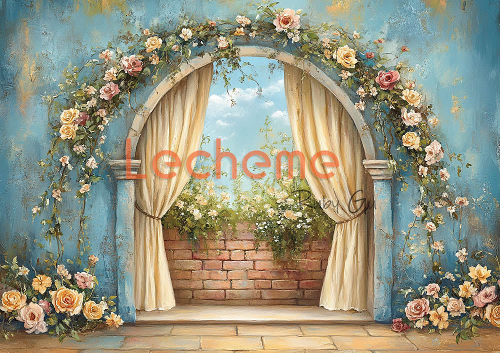 Avezano Blue Walls and Flower Arches Photography Backdrop By Lecheme Ruby Gu