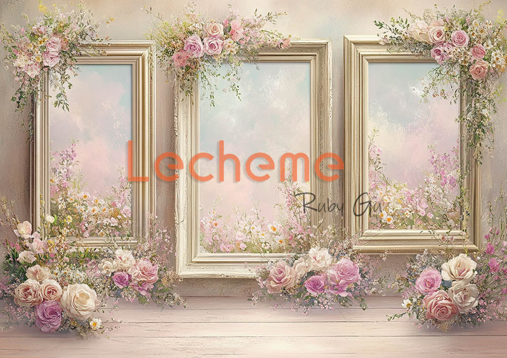 Avezano Pink Flowers and Picture Frame Photography Backdrop By Lecheme Ruby Gu