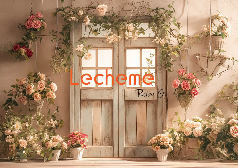 Avezano Spring Beige Door and Flowers Photography Backdrop By Lecheme Ruby Gu