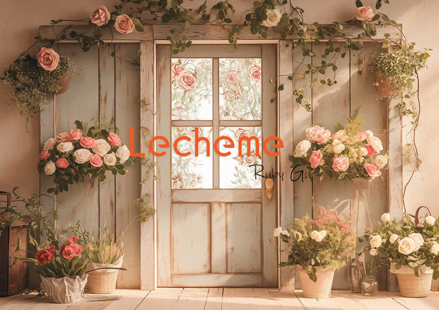 Avezano Spring Beige Door and Rose Vine Photography Backdrop By Lecheme Ruby Gu