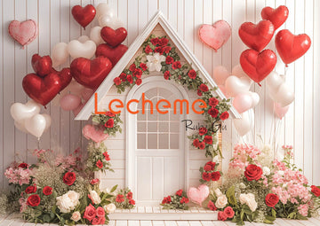 Avezano Valentine's Day Red Balloon and White House Photography Backdrop By Lecheme Ruby Gu