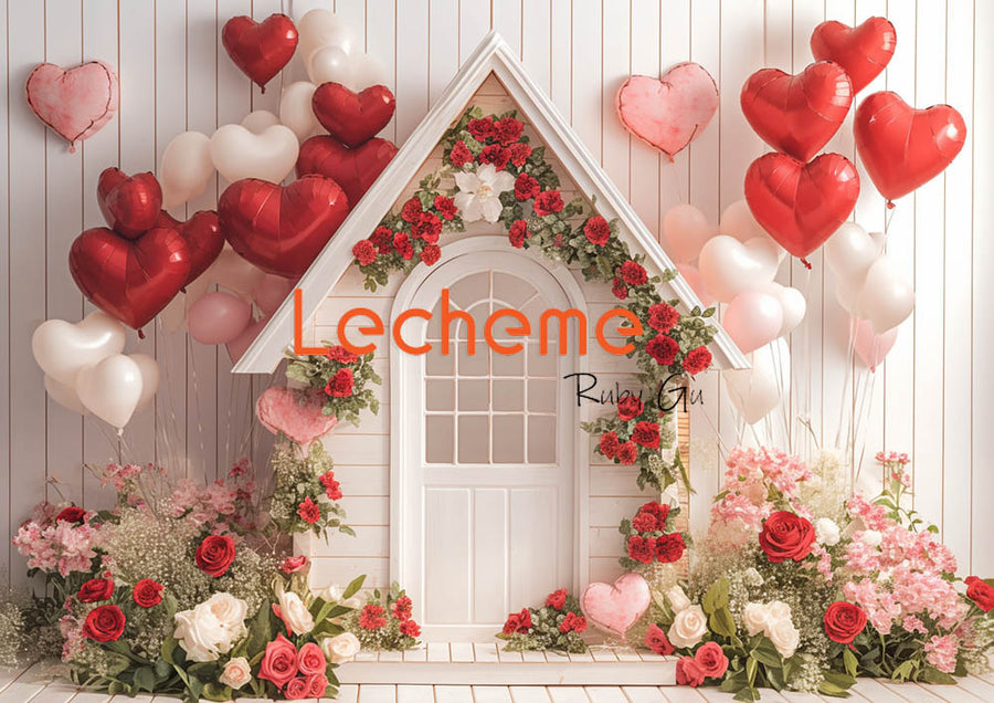 Avezano Valentine's Day Red Balloon and White House Photography Backdrop By Lecheme Ruby Gu