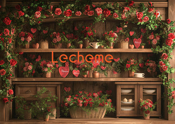 Avezano Valentine's Day Wooden Cabinet and and Rose Photography Backdrop By Lecheme Ruby Gu