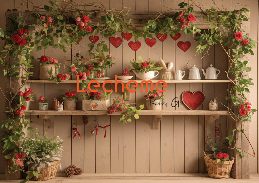 Avezano Valentine's Day Light Wood Frame and Potted Plants Photography Backdrop By Lecheme Ruby Gu