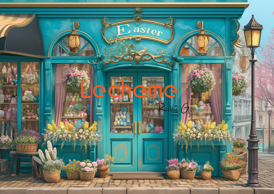 Avezano Spring Easter Egg Shop and Flower Photography Backdrop By Lecheme Ruby Gu