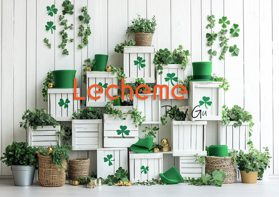 Avezano White Wall and Four-Leaf Clover Photography Backdrop By Lecheme Ruby Gu