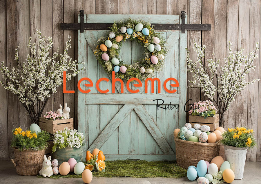 Avezano Easter Light Green Wooden Door  and Egg Decoration Photography Backdrop By Lecheme Ruby Gu