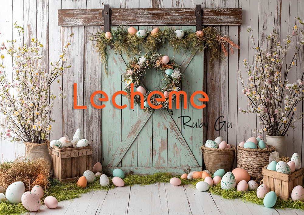 Avezano Easter Green Door and Egg Photography Backdrop By Lecheme Ruby Gu