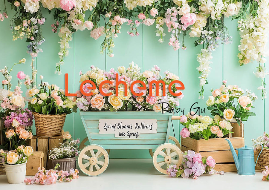 Avezano Spring Blooms and Green Cart Photography Backdrop By Lecheme Ruby Gu