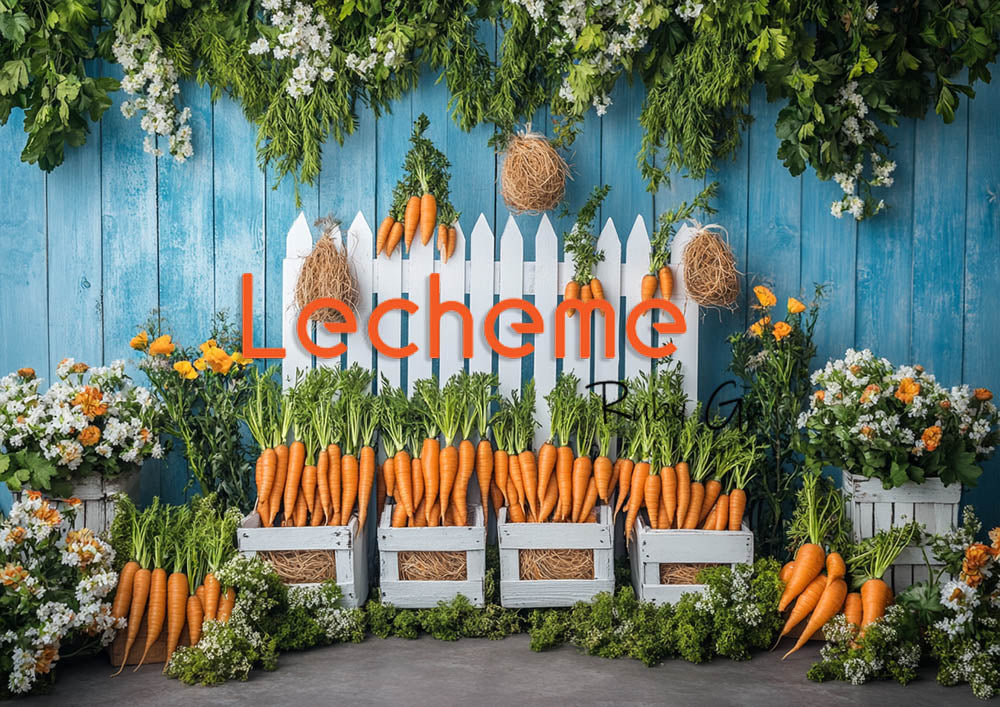 Avezano Spring Rural Life Fence Carrots and Flowers Blue Photography Backdrop By Lecheme Ruby Gu B