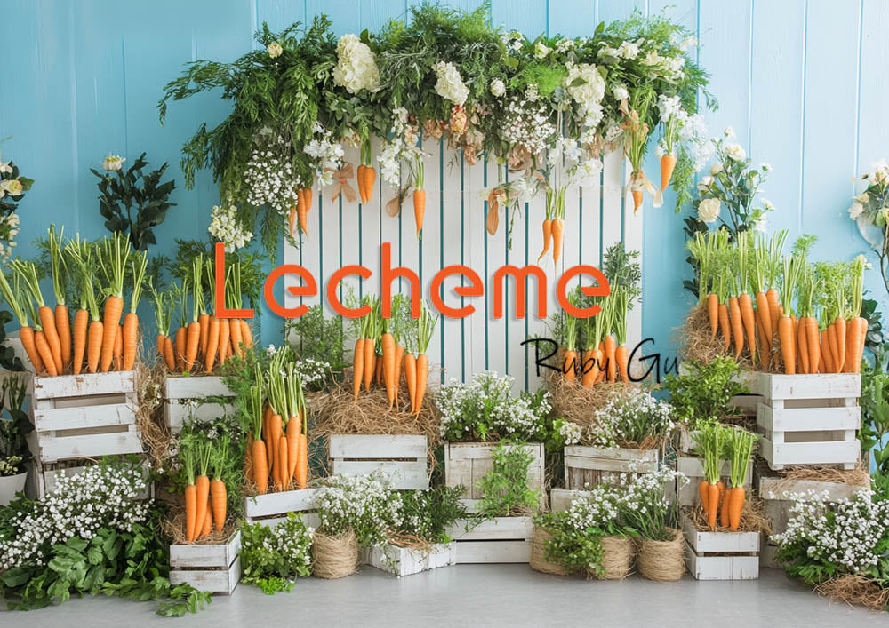 Avezano Spring Rural Life Fence Carrots and Flowers Blue Photography Backdrop By Lecheme Ruby Gu C