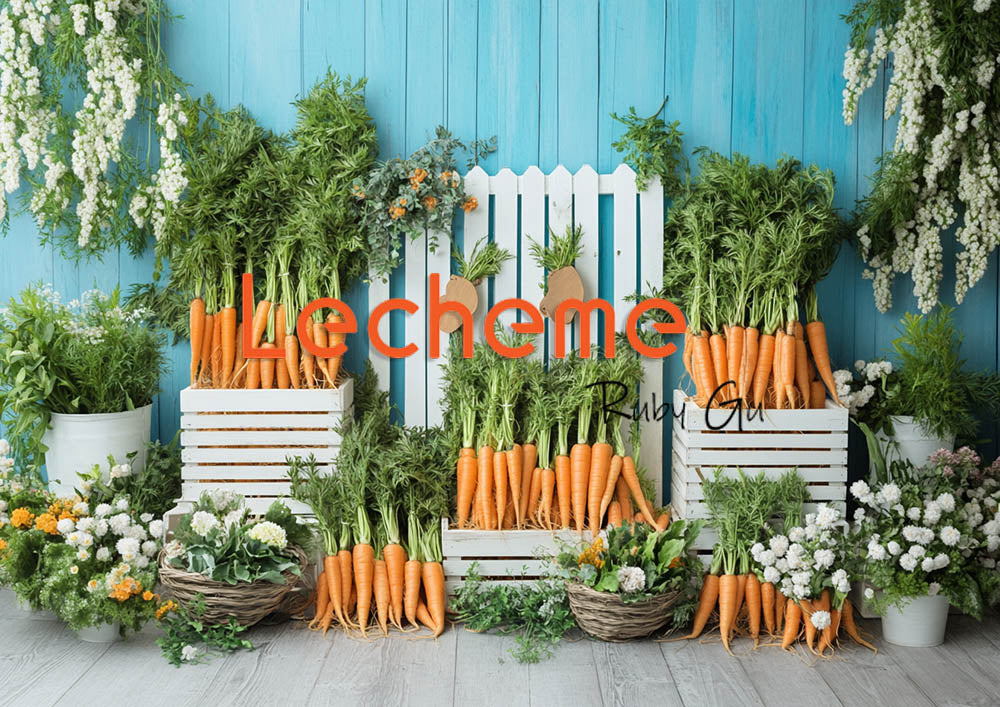 Avezano Spring Rural Life Fence Carrots and Flowers Blue Photography Backdrop By Lecheme Ruby Gu D