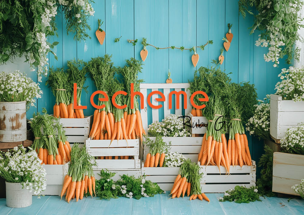 Avezano Spring Rural Life Fence Carrots and Flowers Blue Photography Backdrop By Lecheme Ruby Gu F