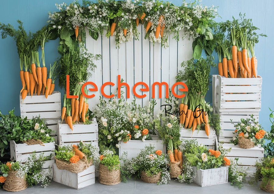 Avezano Spring Rural Life Fence Carrots and Flowers Blue Photography Backdrop By Lecheme Ruby Gu G