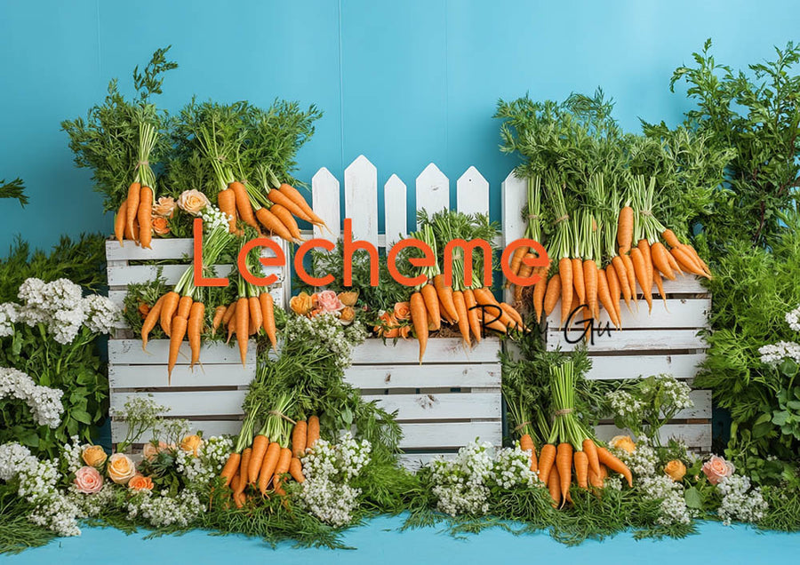 Avezano Spring Rural Life Fence Carrots and Flowers Blue Photography Backdrop By Lecheme Ruby Gu H