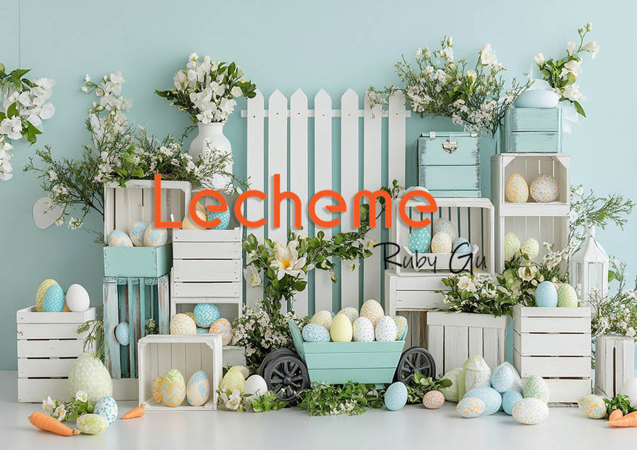 Avezano Easter White Picket Fence Eggs and Flowers Photography Backdrop By Lecheme Ruby Gu B