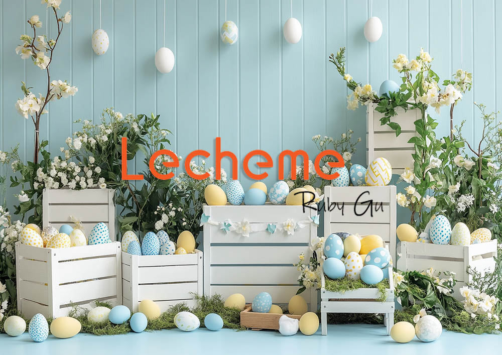 Avezano Easter White Picket Fence Eggs and Flowers Photography Backdrop By Lecheme Ruby Gu H