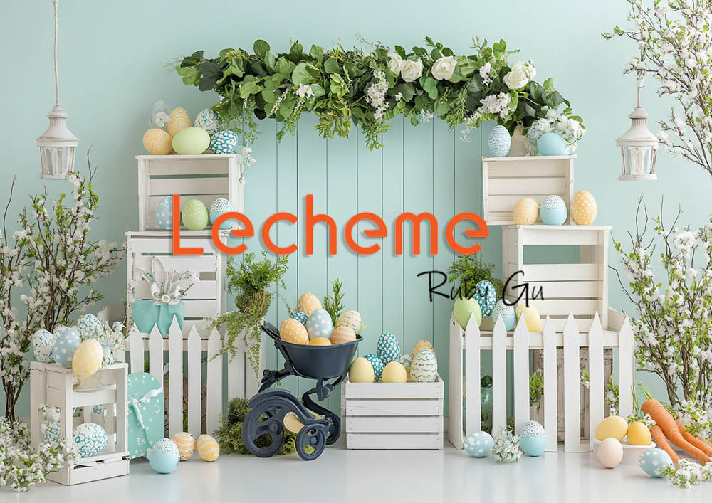 Avezano Easter White Picket Fence Eggs and Flowers Photography Backdrop By Lecheme Ruby Gu I