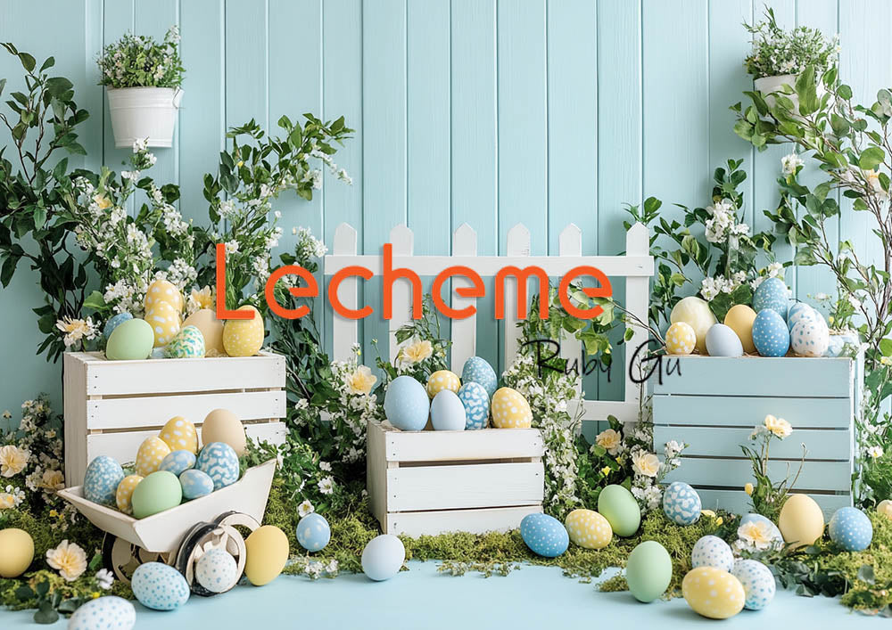 Avezano Easter White Picket Fence Eggs and Flowers Photography Backdrop By Lecheme Ruby Gu N