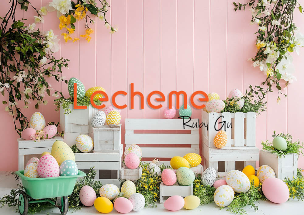 Avezano Easter White Picket Fence Eggs and Flowers Pink Photography Backdrop By Lecheme Ruby Gu A