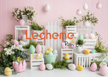 Avezano Easter White Picket Fence Eggs and Flowers Pink Photography Backdrop By Lecheme Ruby Gu B