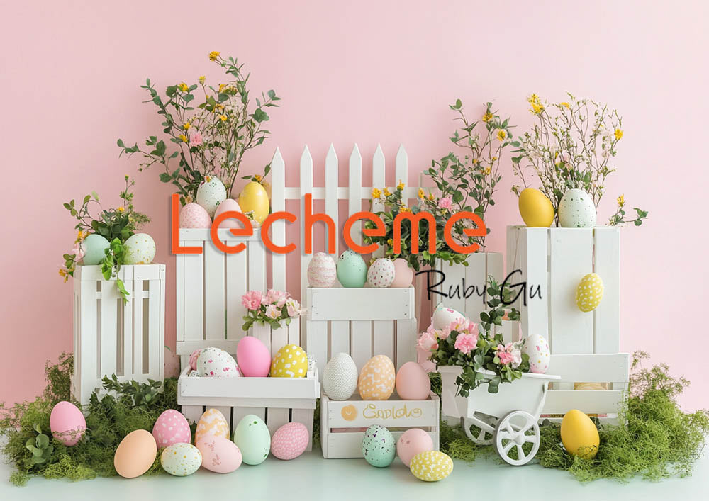 Avezano Easter White Picket Fence Eggs and Flowers Pink Photography Backdrop By Lecheme Ruby Gu C