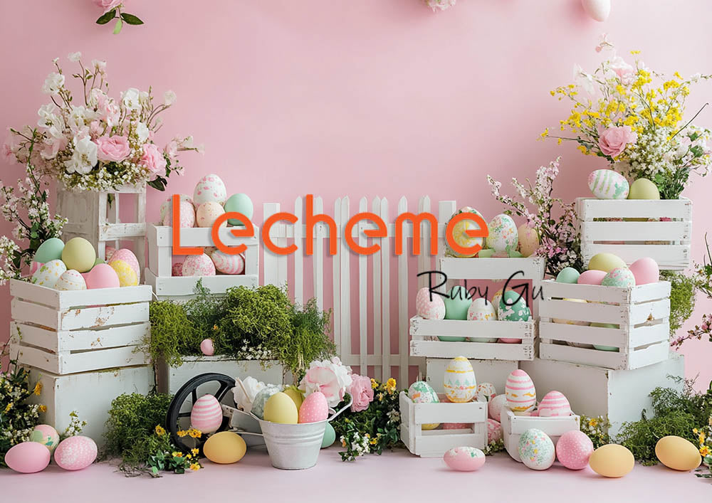 Avezano Easter White Picket Fence Eggs and Flowers Pink Photography Backdrop By Lecheme Ruby Gu D