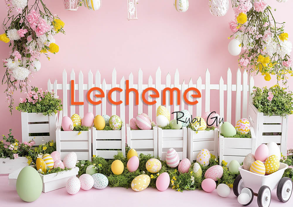 Avezano Easter White Picket Fence Eggs and Flowers Pink Photography Backdrop By Lecheme Ruby Gu E