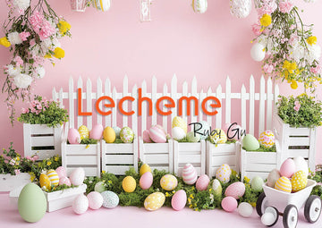 Avezano Easter White Picket Fence Eggs and Flowers Pink Photography Backdrop By Lecheme Ruby Gu E